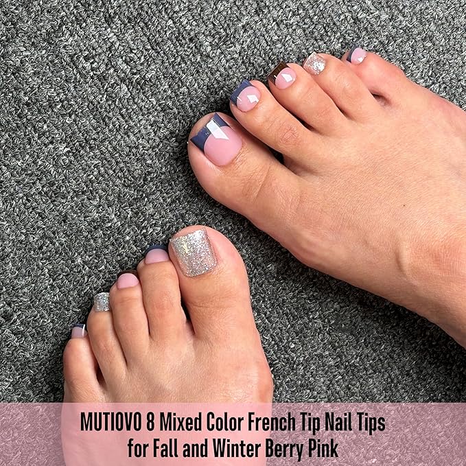 8 MIXED WINTER COLOR French Tip Toe Nail Tips Press on, BERRY PINK Sharp Square Medium Wide Fake Toenails, Full Cover Acrylic,Builder Gel & Top Coat,Need Nail Glue,for DIY x 15 Sizes 240 pcs