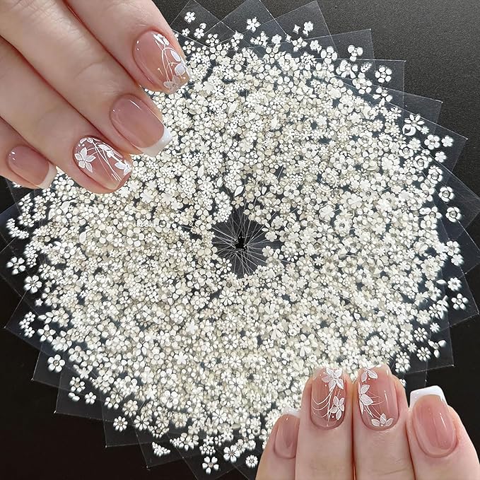 30 Sheets Flower Nail Stickers White 3D Self-Adhesive Floral Nail Stickers for Nail Art Summer Nail Art Stickers Daisy Design Nail Decals for Nail Art for Women