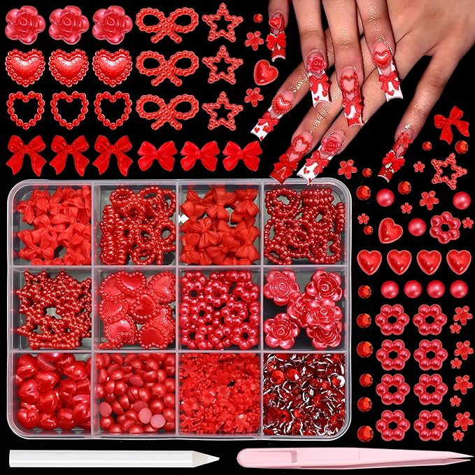 BELICEY Valentines Red Heart Nail Charms Cute Resin Bows Flowers Star Nail Art Charms Flatback Nails Rhinestone and Gem Nail Pearls for DIY Manicure Jewelry for Women Accessories Supplies