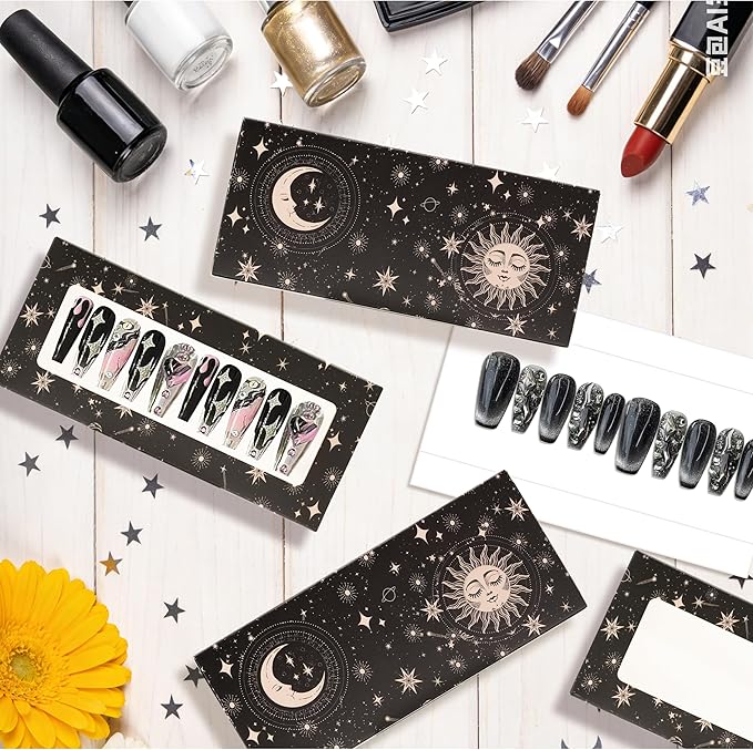 71 Pcs Empty Press on Nails Packaging Box 35 Pcs White Background Papers and 1 Double Sided Tape, Empty Nail Package Box Set for Press on Nail Business (Black Sun Moon)