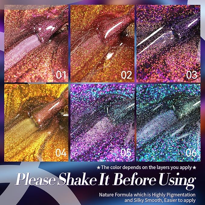 Born Pretty Chameleon Gel Nail Polish, 6 Pcs Aurora Shimmer Glitter Gel Polish Long Lasting Sparkly Shiny Nail Polish U V Set for Manicure and Nail Art, DIY at Home, Salon-Quality 7ml