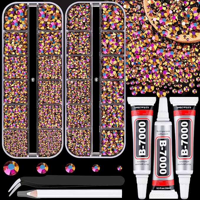 Resin Jelly Rhinestones for Crafting with B7000 Jewelry Glue, 2 Boxes Gold Rose AB Flatback Crystals with 3Pcs 10ml Glue, Bedazzling Non Hotfix Gems for DIY Tumblers Clothing Shoes Manicure