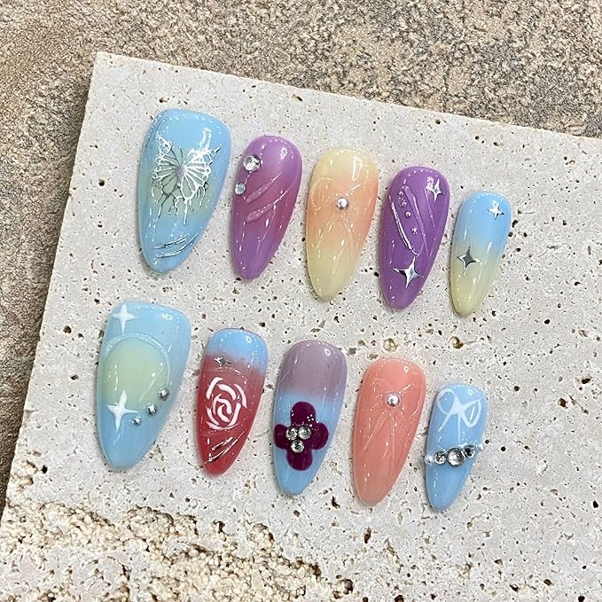Press on Nails Medium Almond Bright Color Spring Summer Nails Press Ons Hand-painted Acrylic False Nails with Butterfly Stars Flower Designs Full Cover Nail Tips 10pcs Natural Almond Nails(L)