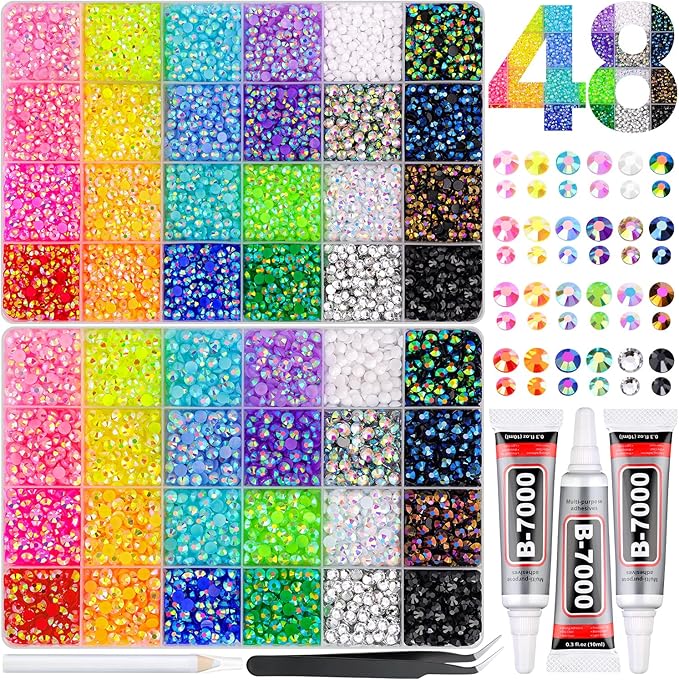 16000Pcs Resin Rhinestones for Bedazzling Kit, 2 Boxes Multicolor 4mm&5mm Bedazzled Crystal, Flatback Gems with 3Pcs 10ml B7000 Jewelry Glue for DIY Crafts Clothing Nail Art Makeup