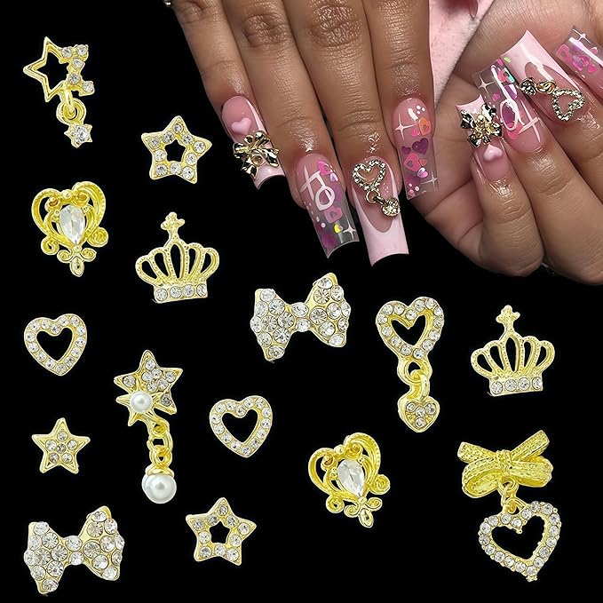 60PCS Gold Nail Charms and Gems: 3D Heart, Star, Crown, Bow Rhinestones for Nails Design