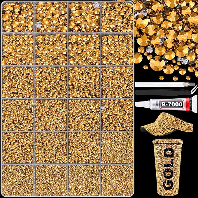25000Pcs Mine Gold Rhinestones for Bedazzling with B7000 Jewelry Glue, Non Hotfix Flatback Gems, Crystal Resin Rhinestones for Crafting Crafts Clothing Tumblers Mugs Shoes Fabric Decor Nail Art