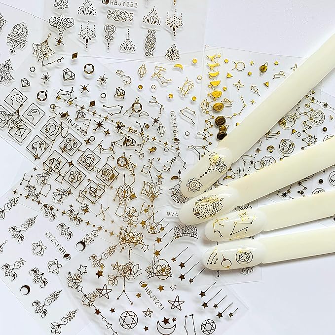 NAIL ANGEL 24 Sheets Nail Art Adhesive Gold Color Sticker Sheets Moon Star Universal Flower Shapes Sticker Sheets Nail Art Deco 10057