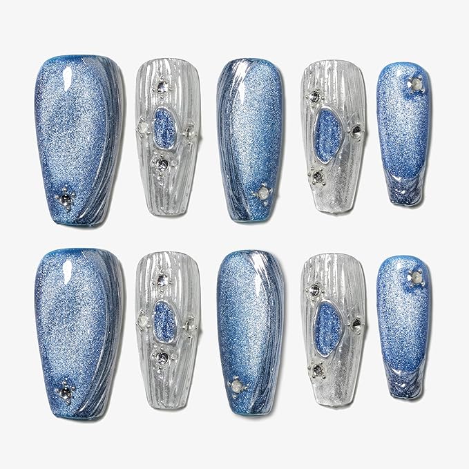 Sun&Beam Nails Handmade Press-on Medium Long Coffin Nails Silver White Blue False Nail Tips Design Baroque Style Fashionable 10 Pcs Set (#154 L)