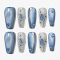 Sun&Beam Nails Handmade Press-on Medium Long Coffin Nails Silver White Blue False Nail Tips Design Baroque Style Fashionable 10 Pcs Set (#154 M)