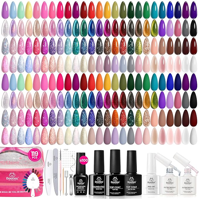 Beetles 100 Colors Gel Nail Polish Set, 119 PCS Kit All Season Cat Eye Pink Blue Jelly with Blooming Gel 15ml Clear Uv Led Blossom Nails for Spreading Effect Marblee