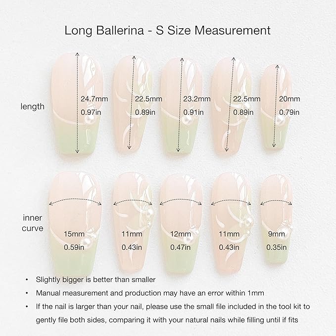 Long Ballerina Press On Nails, Pearl-Decorated Pink and Green French Tips, Handmade False Nail 10 Pieces (Small,LB)