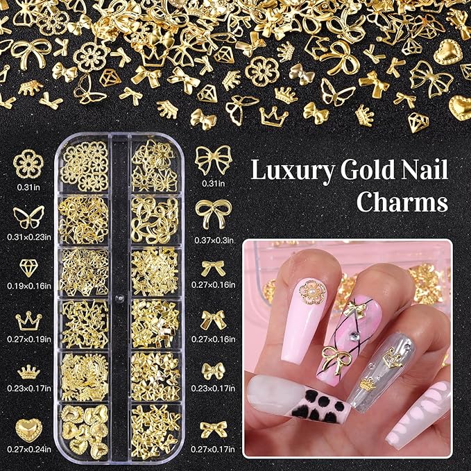 5 Boxes Gold and Silver Nail Charms, 3D Star Cross Nail Charms, Gold Silver Metal Nail Art Decoration, Bow Heart Butterfly Crown Caviar Beads Nails Studs with Pickup Tools for Nails Design DIY Craft