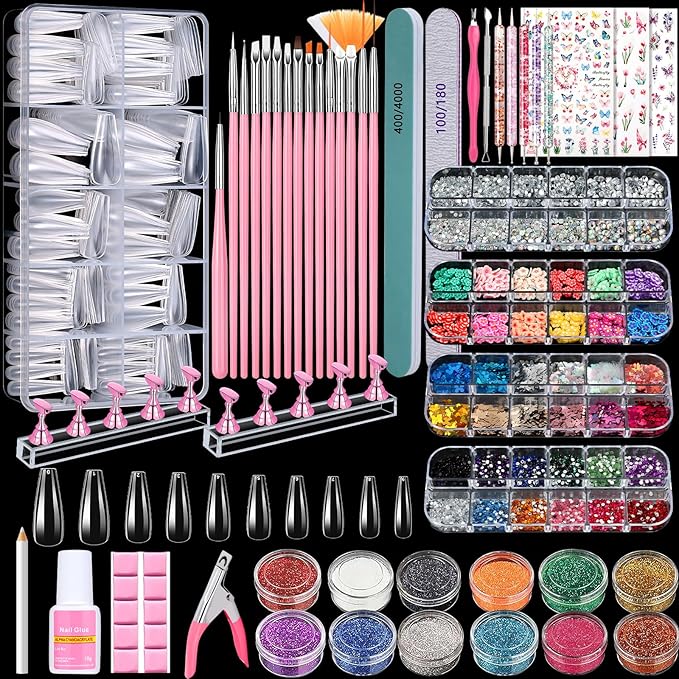 Acrylic Fake Nails Kit Press On Nail Kit with Clear Coffin Nail Tips Nail Display Stand Sequins Sticker Rhinestones Decorations Nail Glue Nail Clay Fine Glitter DIY Nail Art Tool and Supplies