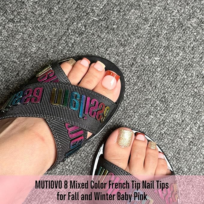8 MIXED WINTER COLOR French Tip Toe Nail Tips Press on, BABY PINK Sharp Square Medium Wide Fake Toenails, Full Cover Acrylic,Builder Gel & Top Coat,Need Nail Glue,for DIY x 15 Sizes 240 pcs