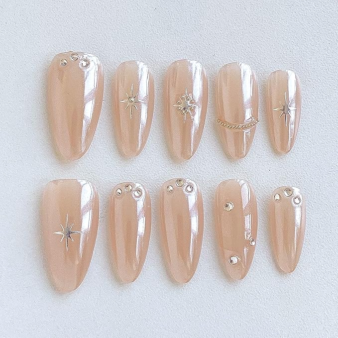Almond Press-On Nails, Nude with Crystal Rhinestones and Star Design, Handmade False Nail 10 Pieces (Large, Almond)