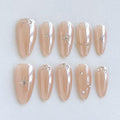 Almond Press-On Nails, Nude with Crystal Rhinestones and Star Design, Handmade False Nail 10 Pieces (XS, Almond)
