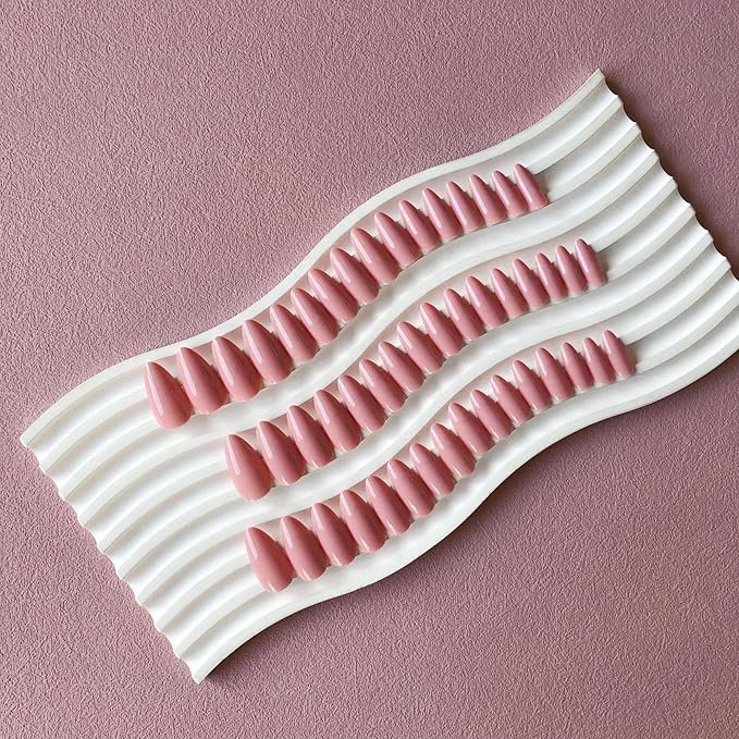 Rose Pink Press on Nails Almond Shaped 48Pcs Neutral Thick Fake Nails for Women, Medium Almond Nails Press on Reusable Acrylic Nails Glue on Medium Length Stiletto False Nails Gel Artificial Nails