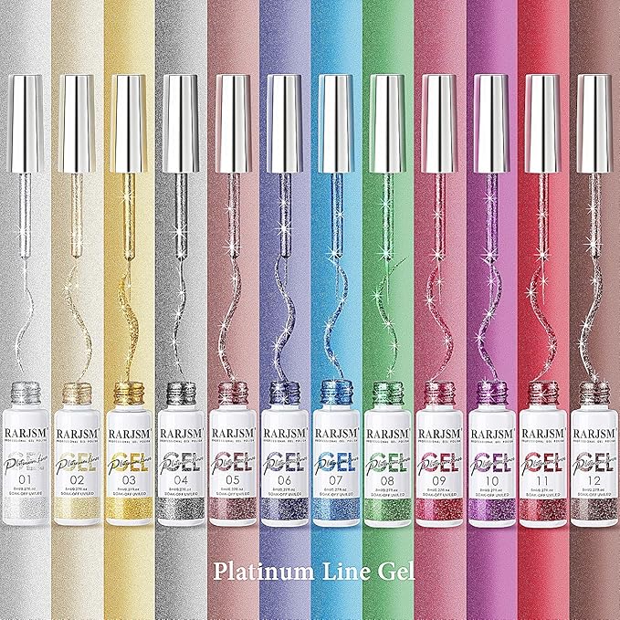 Painted Gel Nail Polish Set, Nail Art Metallic Liner Painting Polish Set U V L E D 12 Colors Platinum Liner Gel Champagne Glitter Silver Rosa Gold Green Blue Purple Paint for Nail Art Design