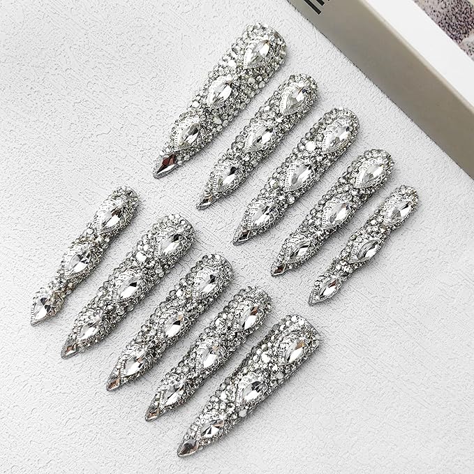 2025 New Queen of Haute Style Full Diamond Long Almond Press on Nails PMMA Acrylic Handmade Nails Full Deluxe 3D Crystal Fake Nails (High-end Almond Diamond, Medium)