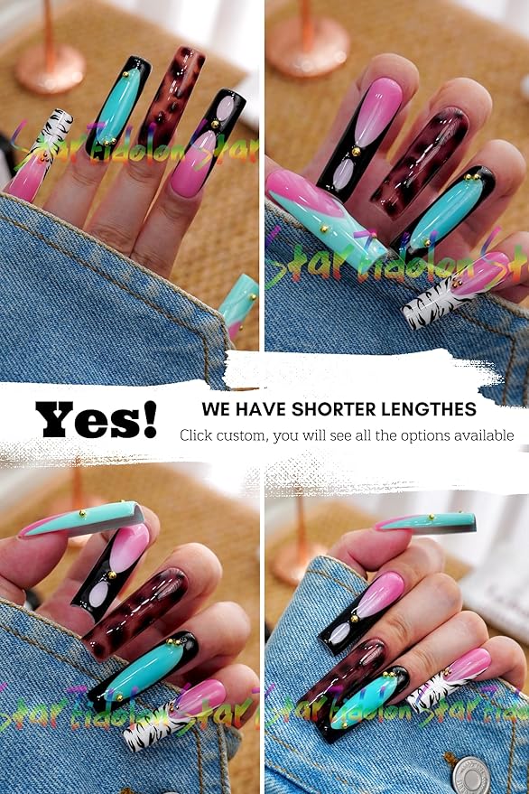 HAND-PAINTED White Press Ons Neon Small Press on Nails Long French Press on Nails Coffin Medium Short Nail art Fake Nail Art Kit with 7g Glue on Nails Handmade Almond Square Nails (X-Small, J6)