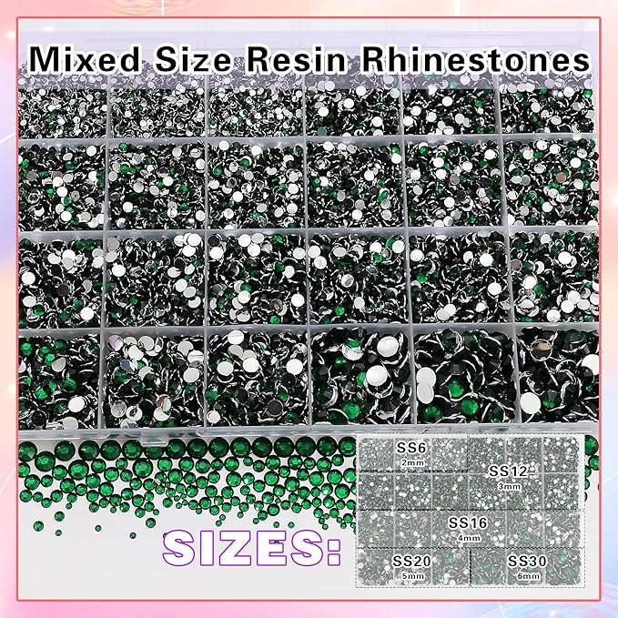 RODAKY Resin Rhinestones for Crafting Bedazzling,2-6MM Rhinestones for Nails Art,Emerald Green Nail Rhinestone and Gems,Nail Diamond Flatback Gems Crystals Charms for Nail Design DIY Makeup Decor