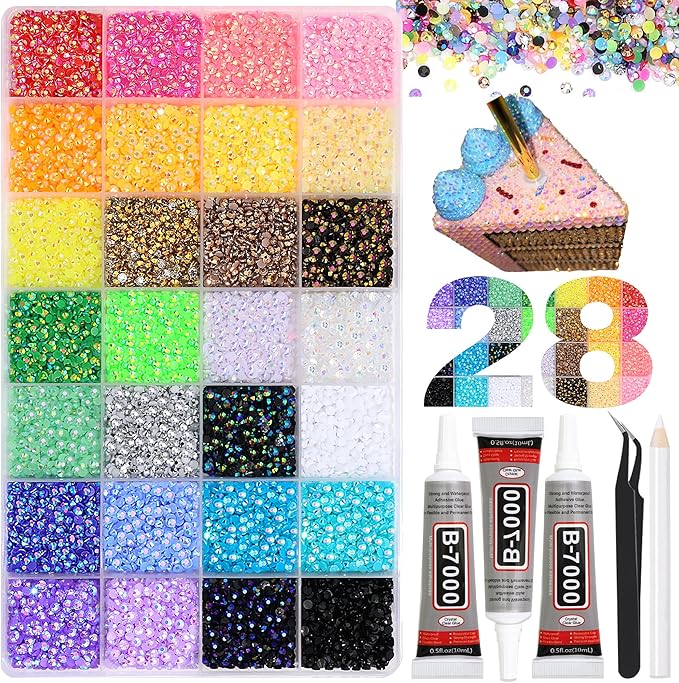 RODAKY 28 Color Rhinestone 3mm Resin Jelly Rhinestones Colorful Flatback Gems for Bedazzling Crystal Rhinestone Kit with 3Pcs 10ml B7000 Glue Diamond Jewels for Crafting DIY Art
