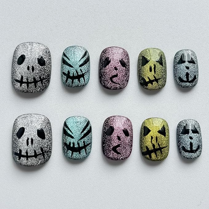 Halloween Press on Nails Short Square Handmade Nails 3D Unique Reusable ABS Material Fake Nails Cute False Nails with Designs Glitter Sparkly Glossy Glue on Nail Thick Acrylic Nail(S)