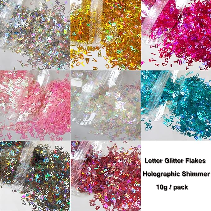 LoveOurHome 8 Colors Holographic Letter Chunky Glitter Flakes Number Shaped Confetti Sparkles Nail Sticker Manicure Decor for Resin Crafts Nails Art Makeup