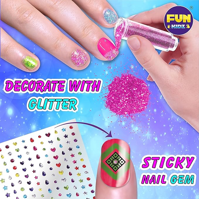 Craft Nail Pens Kit for Kids Ages 7-12, FunKidz Nail Set with Nail Polish Glitter Sticker Temporary Makeup Nails Kit for Girl Teens Party Activities Gifts