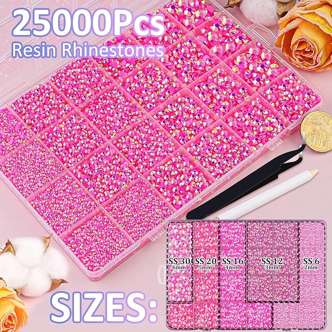 25000Pcs Resin Jelly Rhinestones with Tweezers for Crafting, Hot Pink AB 2-6mm Mixed Sizes Non Hotfix Flatback Gems, Bedazzling Crystal for DIY Crafts Clothing Tumblers Mugs Shoes Decor Nail Art