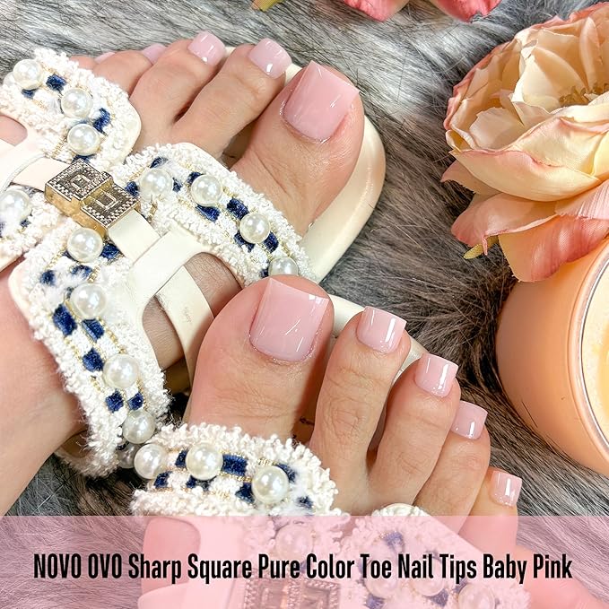 NOVO OVO Baby Pink Square Toe Nail Tips - 240Pcs Soft Gel Press on Toenails, Pure Color Light Pink Full Cover Fake Nails for Pedicure, PMMA Acrylic False Toe Nails Extension Kit (15 Sizes, Wide Fit)