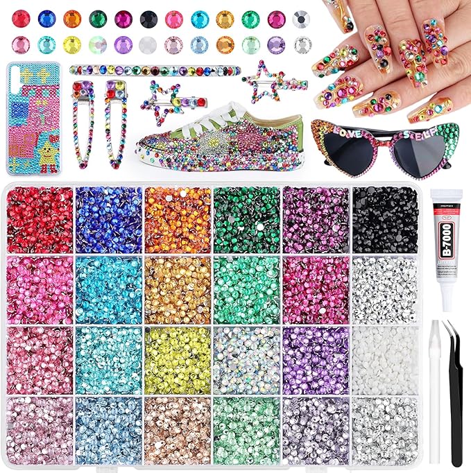 24000Pcs 3mm Resin Rhinestones for Bedazzling, Pink Red Black Flatback Gems for Crafting, Bedazzler Kit with Rhinestones Tools & B7000 Jewelry Glue for DIY Clothing Shoes Tumblers Fabric Nail Art