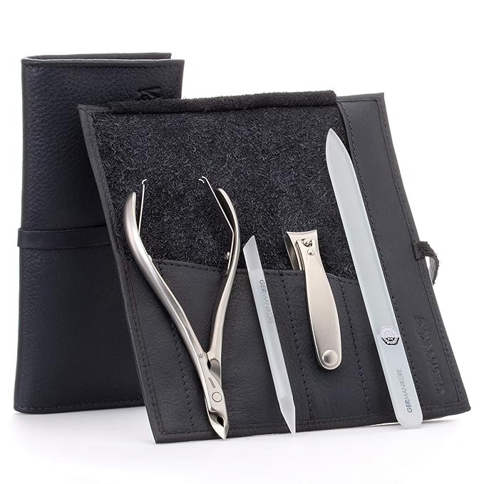 GERMANIKURE 4pc Manicure Set in Black Leather Case - FINOX Stainless Steel Tools Made in Germany, Glass Nail Care Supplies Made in Czech Republic – Professional Cuticle and Nail Care Kit
