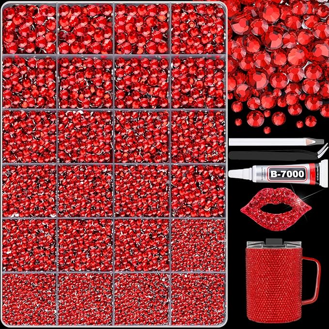 25000Pcs Red Rhinestones for Bedazzling with B7000 Jewelry Glue, Non Hotfix Flatback Gems, Crystal Resin Rhinestones for Crafting Crafts Clothing Tumblers Mugs Shoes Fabric Decor Nail Art