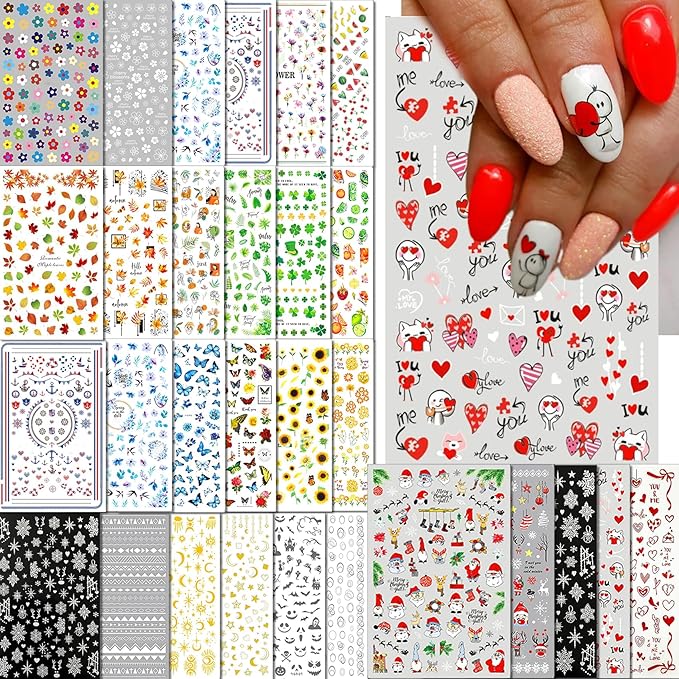 30 Sheets All Holiday Nail Art Stickers, Variety Pack Seasonal Nail Decals, Self-Adhesive Colorful Design for Daisy Flowers Butterflies Star Halloween Christmas