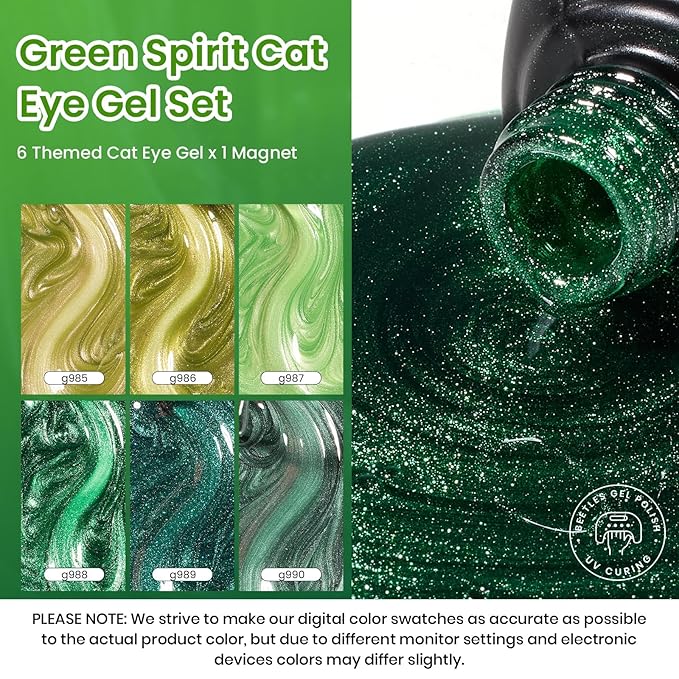 Beetles Green Spirit Cat Eye Gel Nail Polish Set - 6 Colors St Patricks Day Green Cat Eye Glitter Spring Gel Polish Kit Lime Emerald Olive Magnetic Shine Soak Off UV Manicure Gift for Women