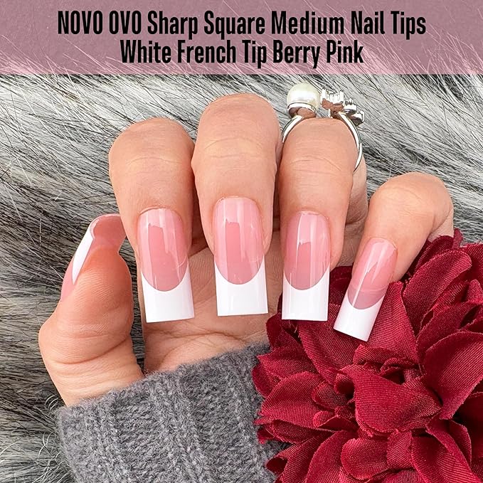 NOVO OVO Medium Sharp Square White French Tip Nail Tips Press on BERRY PINK, Extra Thick NEED Builder Glue Gel & Top Coat, Soft Gel Full Cover False Fake Nail Extension for Salon DIY x 15 Sizes 180 pc