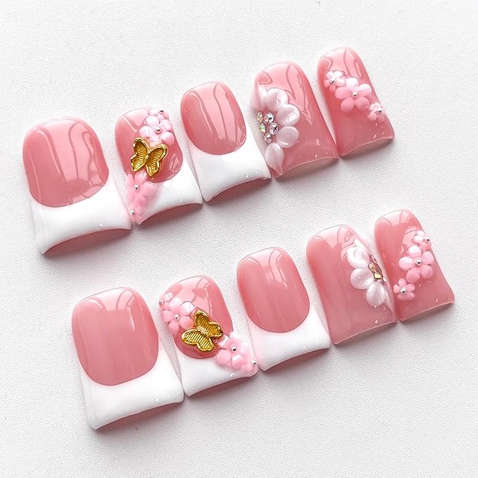Luxury Press on Nails Short Duck Handmade 3D Unique Reusable ABS Material Fake Nails White French Tip False Nails with Designs Butterfly Flower Rhinestones Glossy Glue on Nail Thick Acrylic Nail(S)