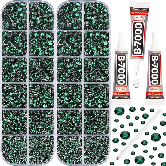 11000Pcs Emerald Green 2/3/4/5mm Flatback Rhinestones with Glue for Bedazzling Crafting Clothing Clothes Crafts Shoes Nail Art, Dark Green Resin Flat Back Gems Crystals Diamonds Gemstones Jewels Kit