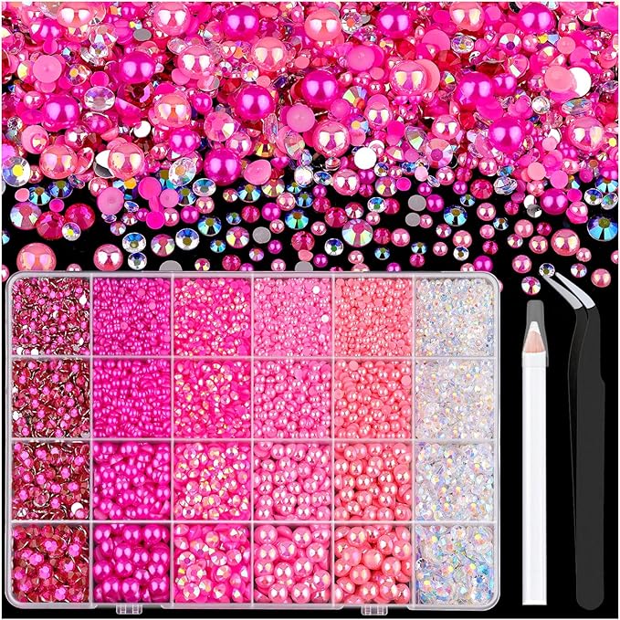 14000PCS Flatback Pearls and Pink Rhinestones for Bedazzling Kit, Hot Pink Mixed Size 3-10mm Resin Rhinestones and Half Pearls for Crafting, Nail Art Crafts Decoration