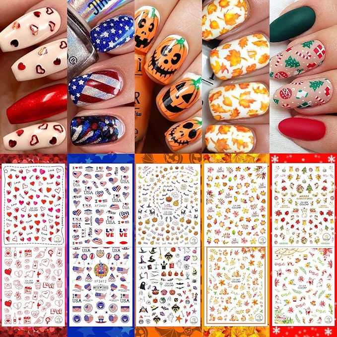 30 Sheets All Holiday Nail Stickers, Thanksgiving Independence Christmas Valentine's HalloweenDay Nail Art Decals Mixed All Season Set, Self-Adhesive Design Year-Round Manicure Decorations Supplies