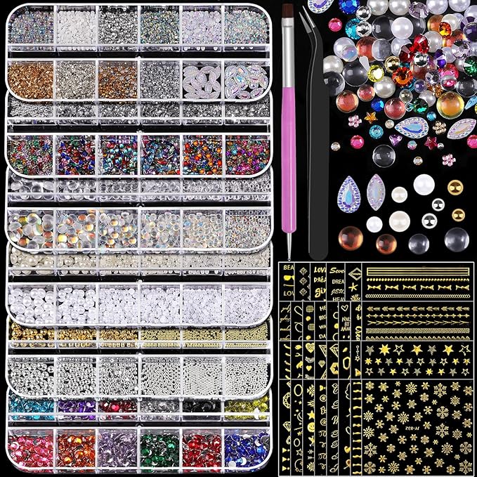 Nail Charms and Gems Set, 6 Boxes Mixed Color Rhinestones Clear Gold Silver Bead Decorations White Beige Pearls for Crafting, 30 Sheets Gold Stickers for Nails with Tweezers for Women Nail Art DIY