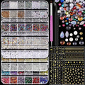 Nail Charms and Gems Set, 6 Boxes Mixed Color Rhinestones Clear Gold Silver Bead Decorations White Beige Pearls for Crafting, 30 Sheets Gold Stickers for Nails with Tweezers for Women Nail Art DIY