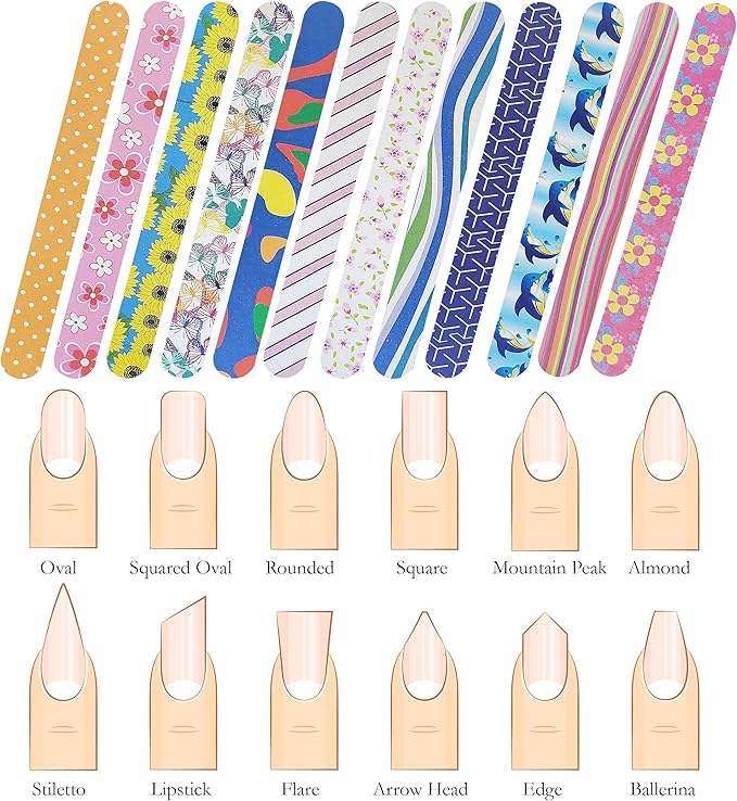 Colorful Nail File Strips - Double Sided Filers for Shaping and Smoothing Toenails and Fingernails - Manicure and Pedicure Nail Buffers - 12 Pack