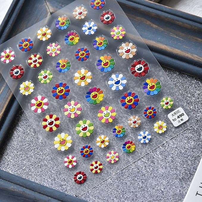 New Sunflower Nail Art Sticker Decals 5D Embossed, Summer Sun Happy Flower Rainbow Nail Art Decoration Sticker (3 Sheets)