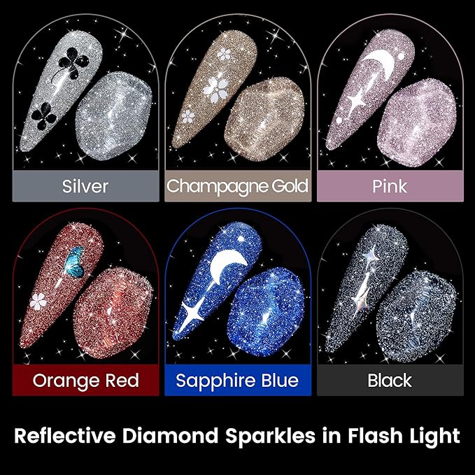 YTD Likomey Reflective Glitter Gel Nail Polish with Base Coat and Top Coat Set,Fall Winter Falsh 6 Colors Shimmer Black Silver Pink Blue Red Gold Diamond Sparkle UV Color Varnish Kit,8 Pcs 7.5 ml