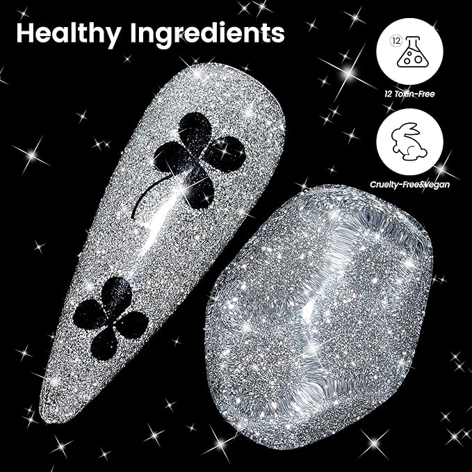 YTD Likomey Reflective Glitter Gel Nail Polish,15ml Silver Flash Diamond Shimmer Nails Gel,Sparkly Shiny Salon Home Fall Winter Manicure UV Color Varnish,SZ003