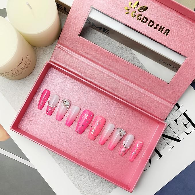 2025 Handmade Reusable Medium Pink Gradient Press-On Nails French Stickers Rhinestones Full Coverage Fake Nails for Women (Gradient Pink, Long)