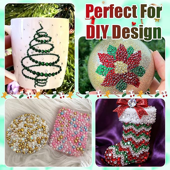 RODAKY 9000PCS Green Red Resin Rhinestones Bedazzling Gems for Craft Gold Silver Flatback Pearls with 2pcs 10ml B7000 Jewelry Glues Tweezers Dotting Pen Christmas Bedazzler Kit