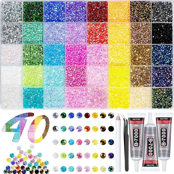 40000+Pcs Resin Jelly Rhinestones for Bedazzling, 3mm Multicolor Flat Back Gems Bedazzler Kit with 3Pcs 10ml B7000 Jewelry Glue, Colorful Bulk Jewels for Book Shoes Crafts Tumblers Nail Art DIY
